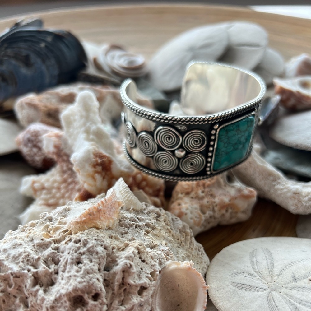 New Faux Turquoise Stone Silver Toned  Brass cuff bracelet womens boho western - Picture 4 of 5